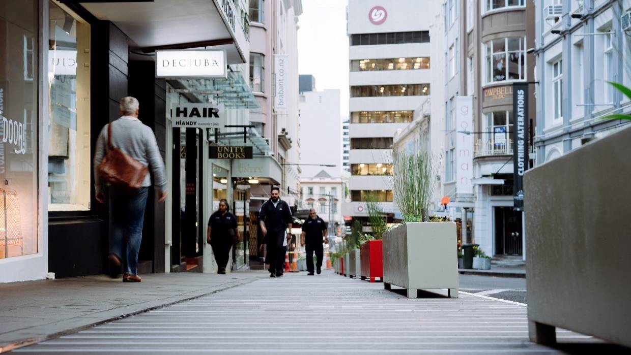 High Street in Auckland; an example of how footpaths can be extended to allow for physical distancing. 