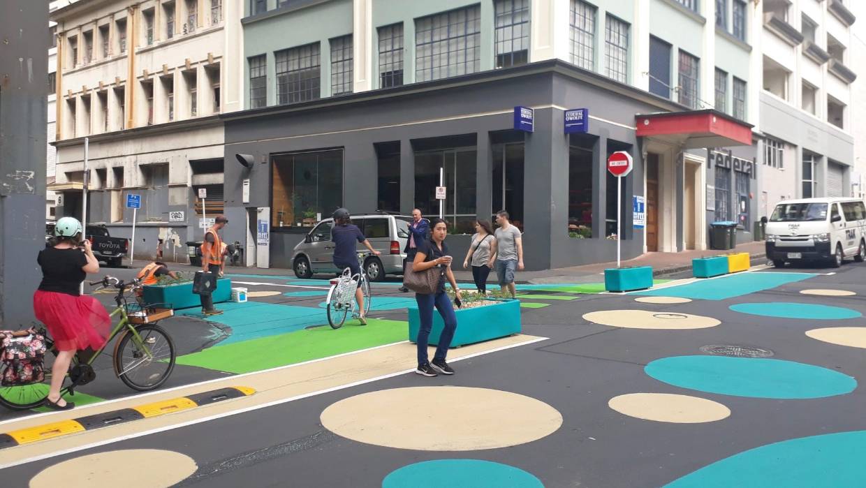 Federal Street in Auckland; more cycleways, extended footpaths - an example of how our cities will be redesigned for Covid-style social distancing. Supplied by the New Zealand Government. 