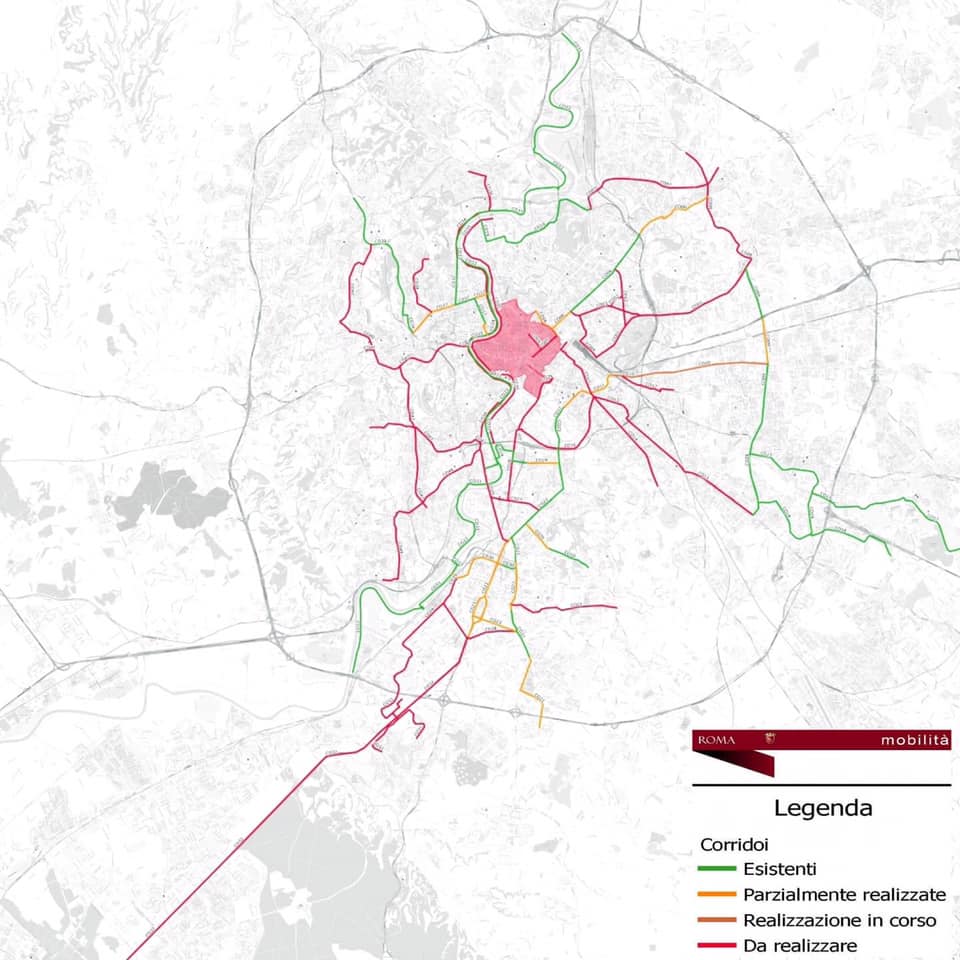 χάρτης των νέων ποδηλατοδρόμων στην Ιταλική πρωτεύουσα