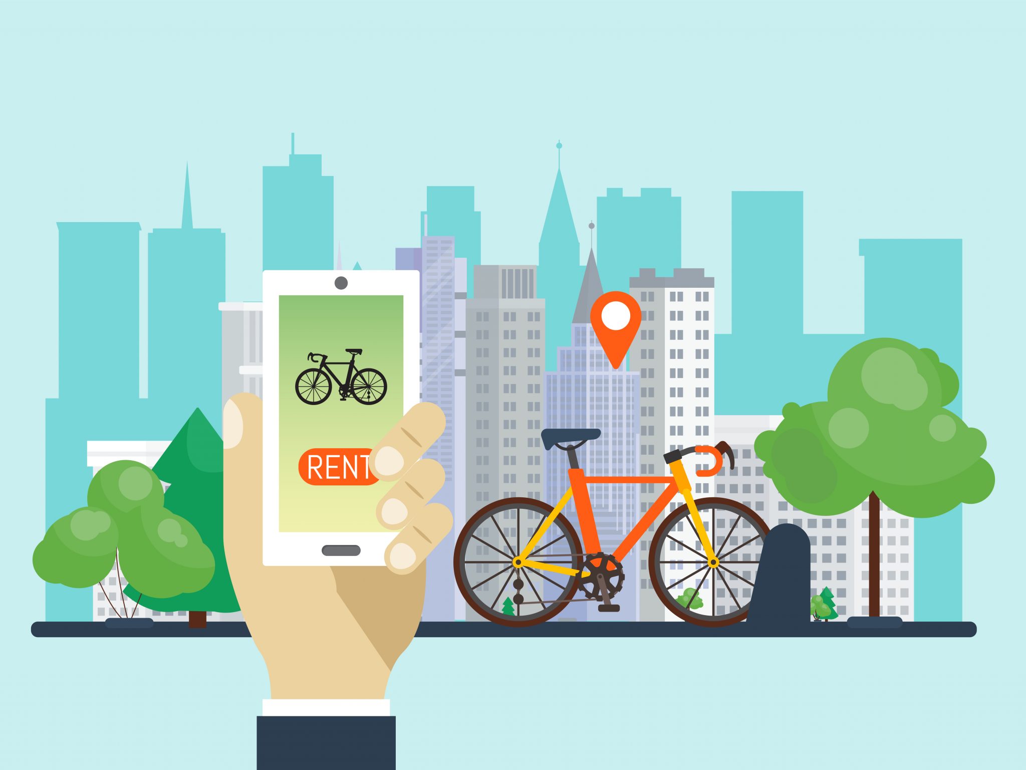 Urban bike renting system by using the phone app vector illustration. Smart service for rent bikes in the city. Hand holding phone with bicycle rent service app. Πηγή: Ingenuity siemens 